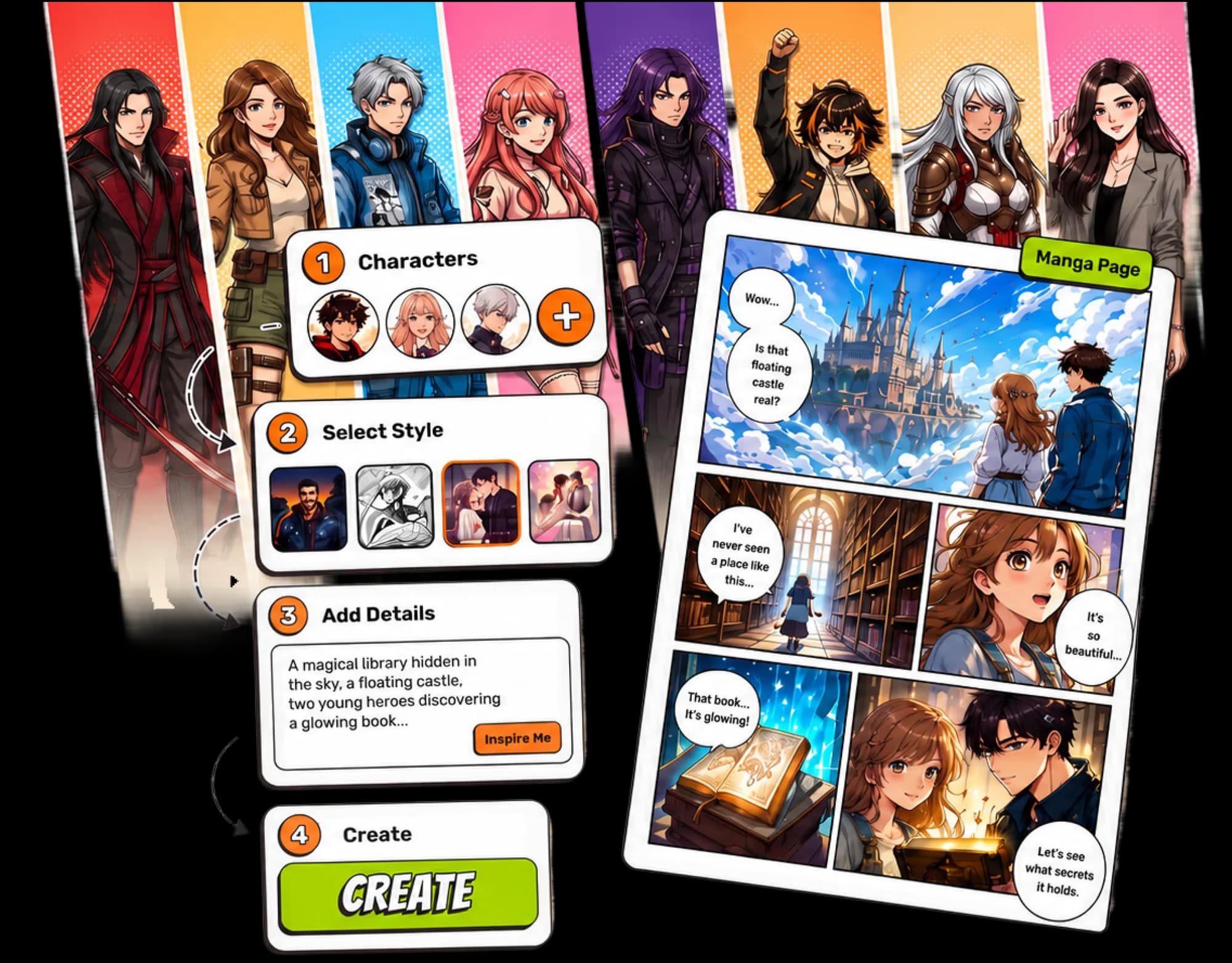 Mankai — pick characters, choose style, write a prompt, get a manga