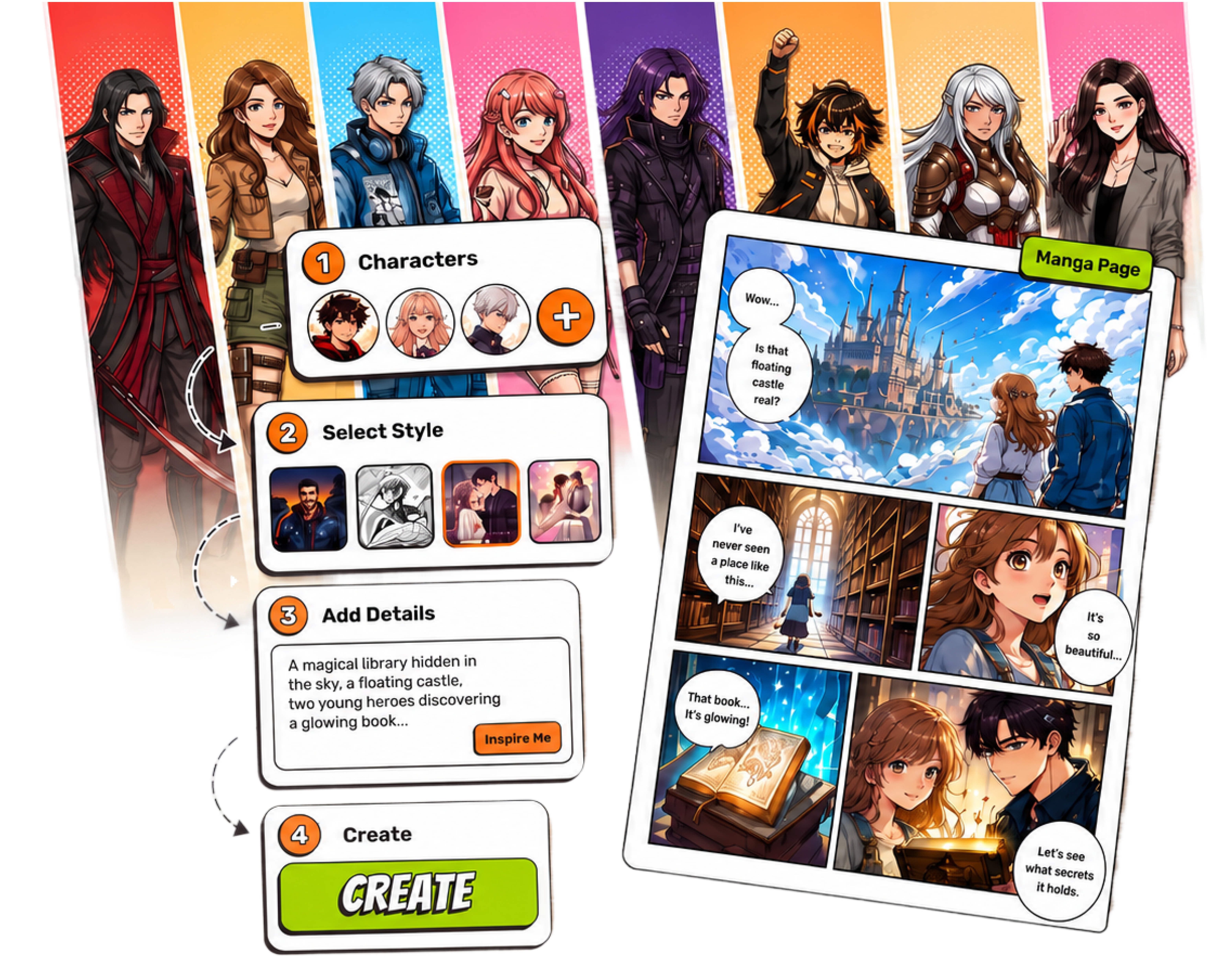Mankai — pick characters, choose style, write a prompt, get a manga